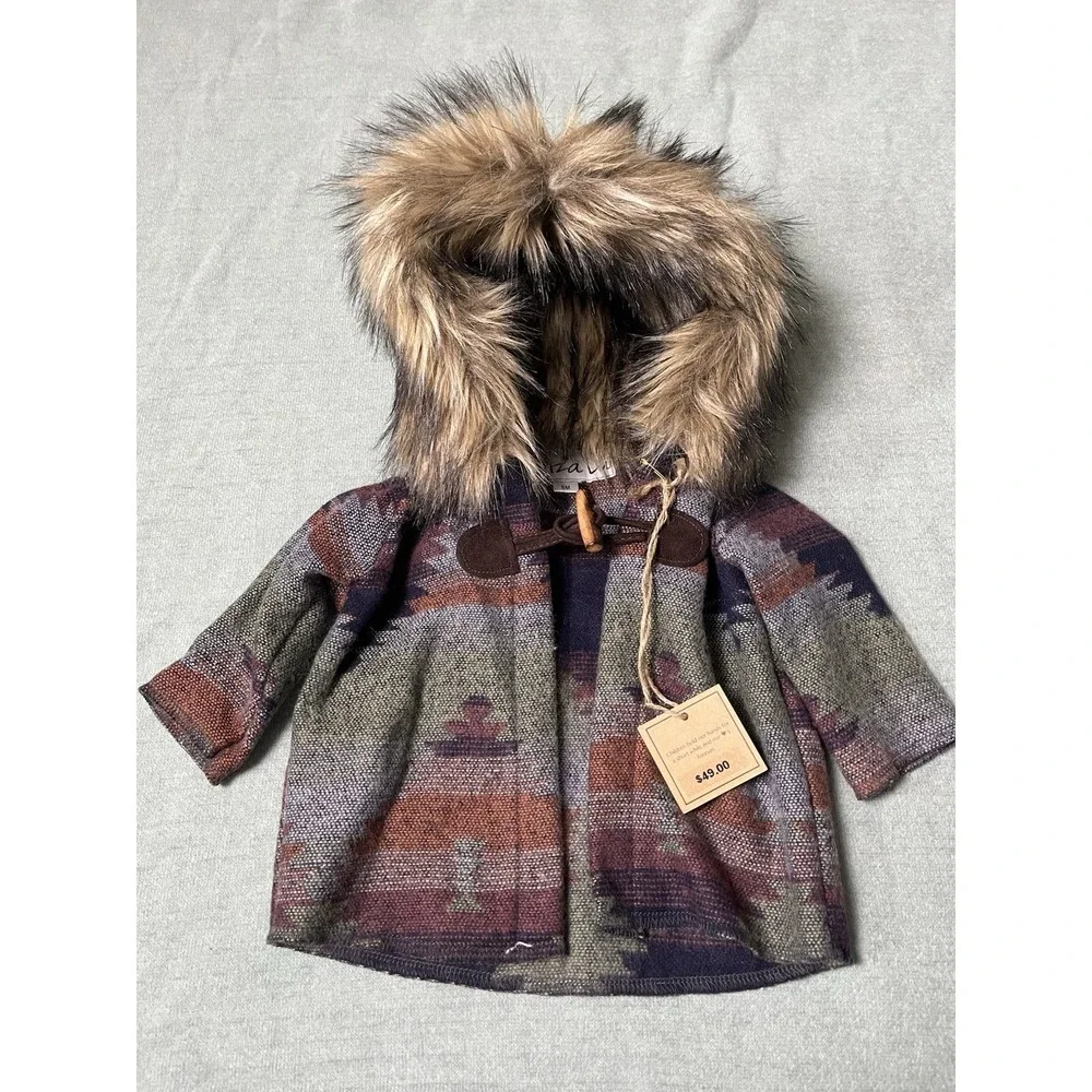 Eliza Lu Tribal Print Wrap Fur Hood Jacket Toddler Size 6 Months NWT